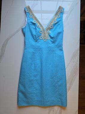 Lily Pulitzer Sleeveless Turquoise Embellished V-Neck Dress